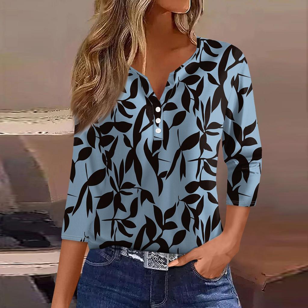 Women's T Shirt Tee Print Button 3/4 Sleeve Tunic Daily Weekend Fashion Basic V- Neck Regular Top
