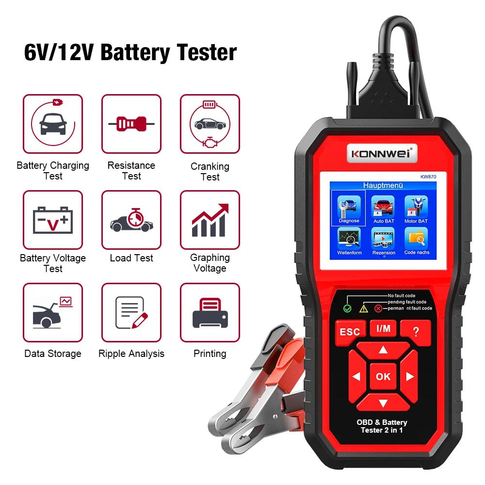 KONNWEI KW870 6V 12V Auto Motorrad Batterie Tester OBD2 Diagnose Werkzeug Scanner 2 in1 Ankurbeln Lade Test Werkzeuge für die Auto