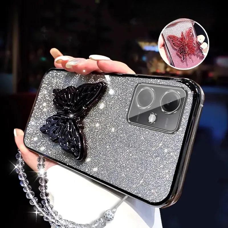 3D Butterfly Phone Holder Crystal Bracelet Glitter Plating Case for Xiaomi POCO X5 Pro 5G Back Cover
