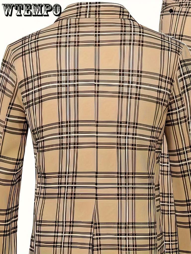 Costum în carouri pentru bărbați, 2 buc, mărime Plus - Jachetă blazer cu un buton cu revere crestate și set de pantaloni de costum-Pentru afaceri și ținute zilnice, potrivite pentru ocazii formale