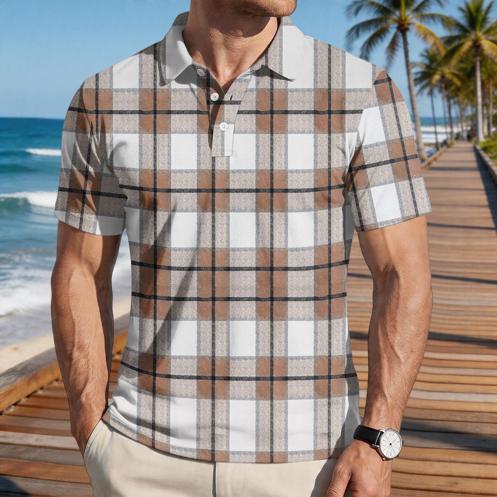 

Men Loose Fit Casual Plaid Print Short Sleeve Polo Shirt with Turn Down Collar for Everyday Comfort Style XL білий