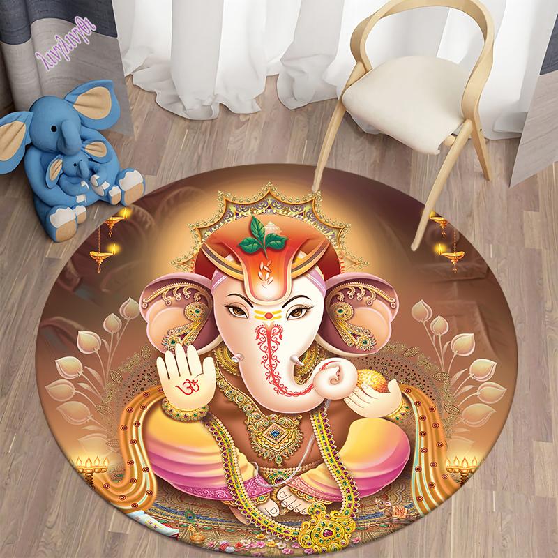 Auspicious Elephant Circular Carpet Home Decoration Bedroom Area Soft Flannel Mats Bohemian Style Room Decoration Carpet