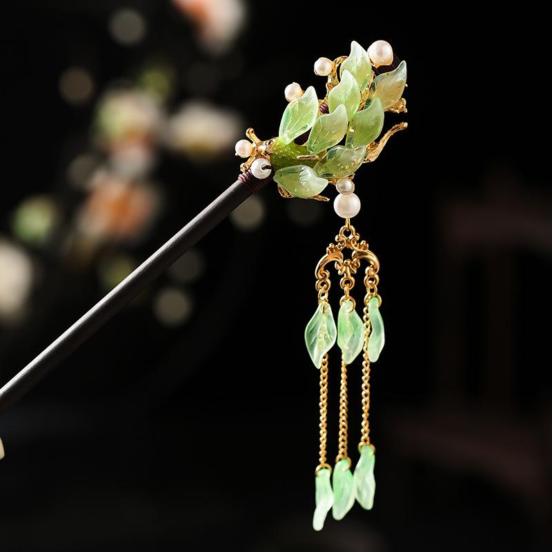 1 Stück Glas Fisch Haarnadel Antiker Kopfschmuck Sandelholz Haarnadel Frische Blütenblatt Haarnadel Neuer Chinesischer Stil Blütenblatt Quaste Haarnadel