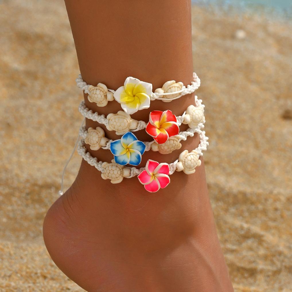Boho Colorful Flower Soft Ceramic Ankle Chain for Women Handmade Weave Rope Adjustable Ankle Bracelets Zircon Accessories Gifts