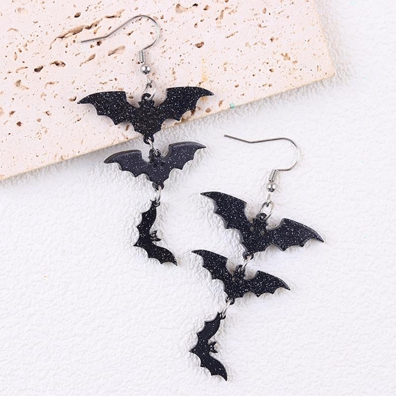 Bat Drop Earrings Lightweight Acrylic Hook Pair for Halloween Parties, Costume Looks and Themed Photo Styling Wear