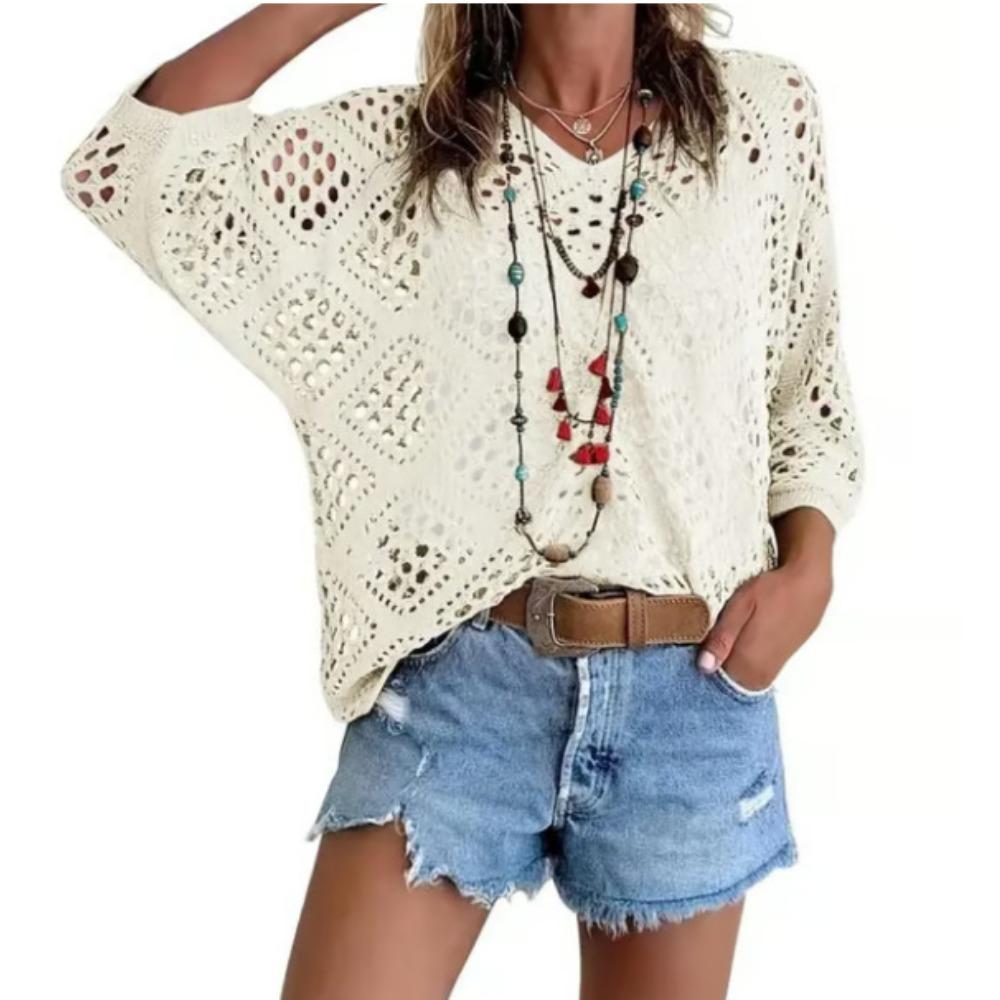 Women Spring Summer V-neck Diamond Hollow Out Batwing Sleeve Knit Sweater Loose Cover Up Blouse