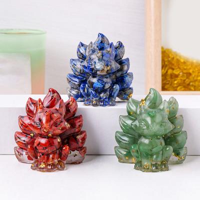 Natural Stone Nine-tailed Foxes Figurine Positive Healing Energy Hand-carved Colorful Faux Crystal Sitting Animal Statue Home Office Desktop
