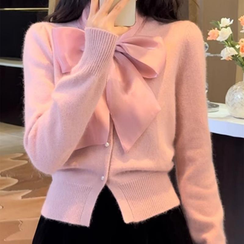 Literary Retro Bow Strap Red Sweater Cardigan Autumn New Knitted Sweater Jacket Chic Top