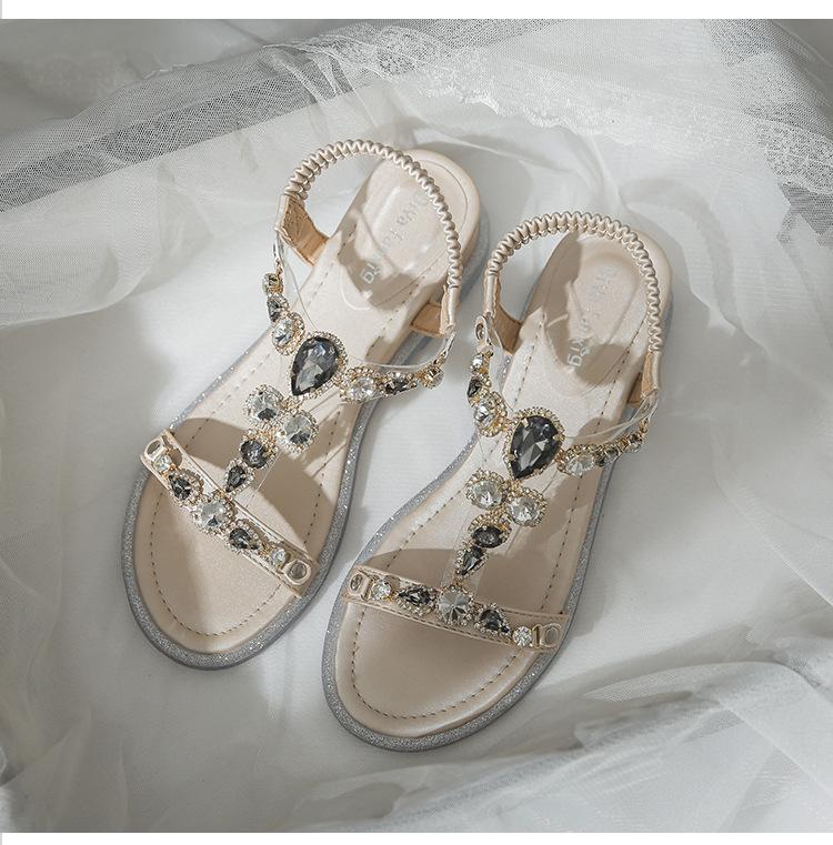 Rhinestone Wedge Heel Sandals Women's Summer Fairy Style Student Fashion and Women's Flat Shoes