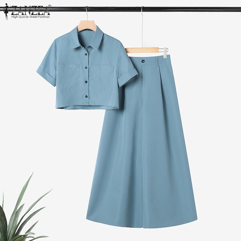 ZANZEA Damen Kurzarmbluse und Hose mit weitem Bein Sommer Zweiteiler Anzugsets