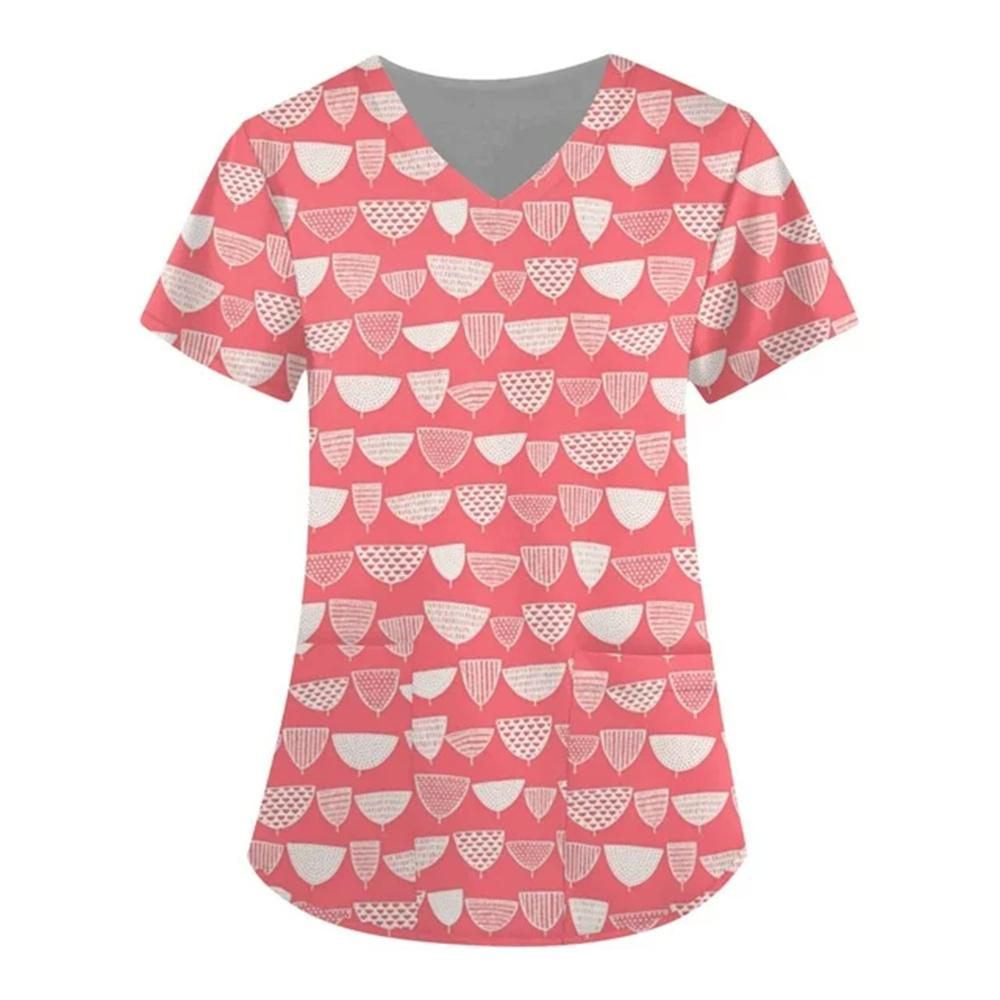 Nurse Uniform Women Valentines Day Love Print Gradient Short Sleeve Pocket Work Shirt Tunics Uniform Medical Nursing Scrubs Tops