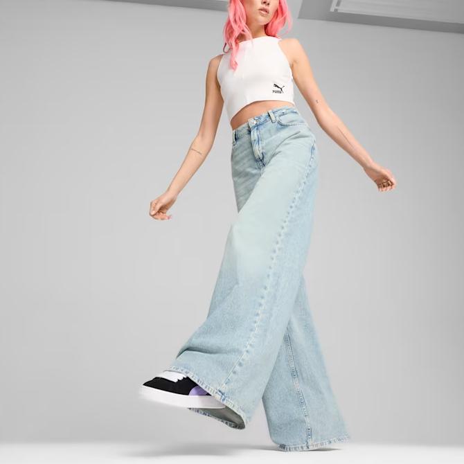 Puma Classics Ribbed Crop Top Solid Color Short Sleeve Round Neck Brand Logo Print Vest Women tops White 626625-02