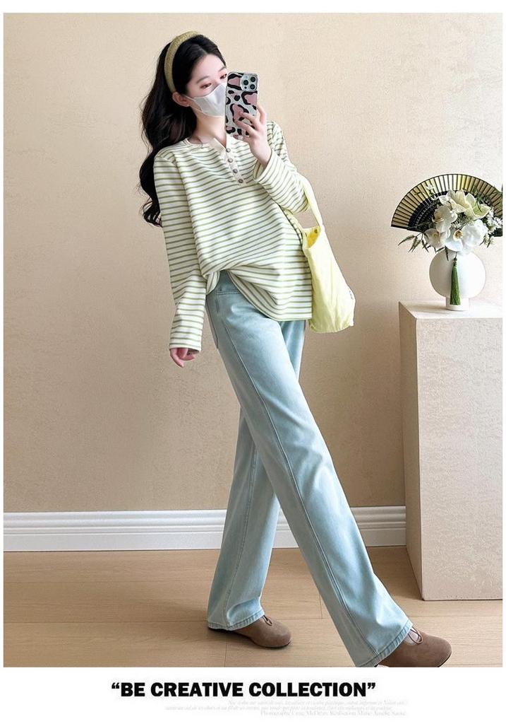 2026 Spring/Summer V-Neck Striped Casual Long Sleeve T-Shirt for Pregnant Women