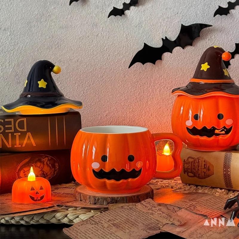 Unique Halloween Themed Ceramics Coffee Cup With Detachable Witch Hat Cover Pumpkin Shape Mug For Hot Beverages Gift