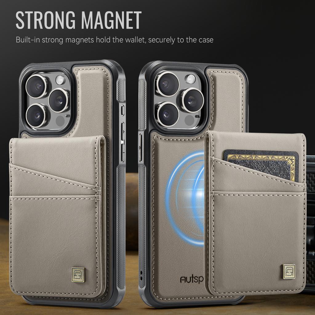 For iPhone 15 Pro Max Case AUTSPACE A12 Leather Phone Case with Detachable Card Bag