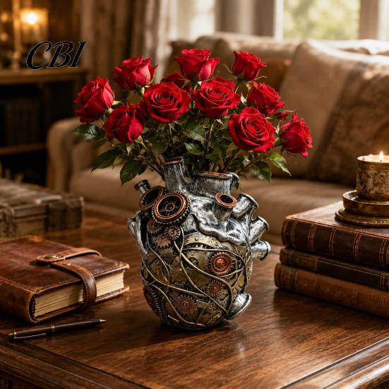 Study Room Decorative Ornament Heart Shape Vase Decor, Resin Flower Pot, Retro Multi Hole Sculpture Planters, Funny Table Centerpiece for Living Desk