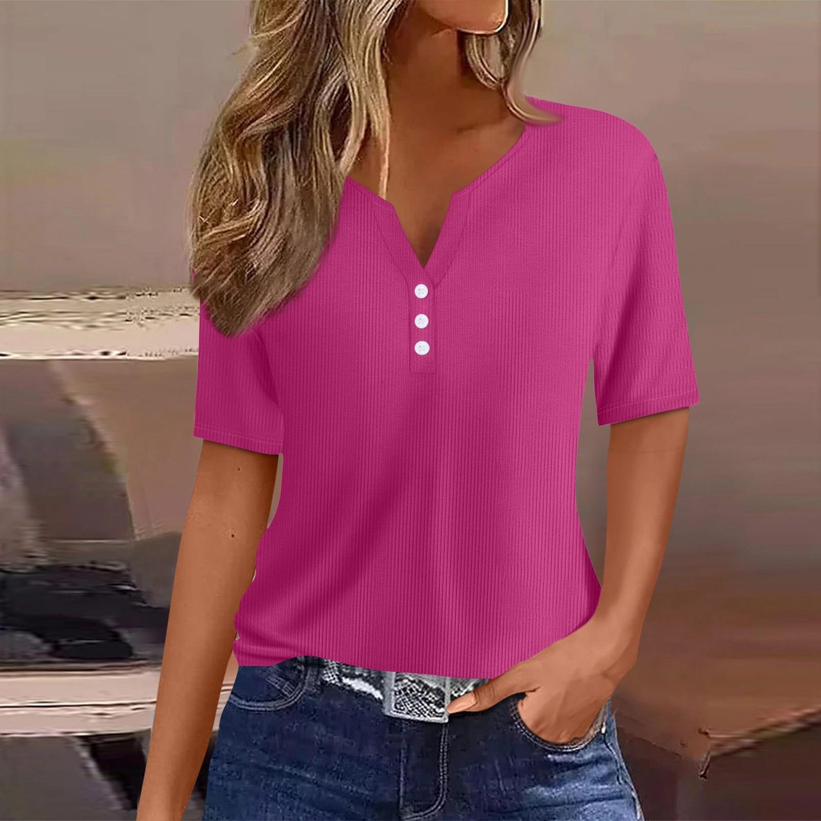 

Женская повседневная однотонная футболка с V-образным вырезом и коротким рукавом, декоративная пуговица S