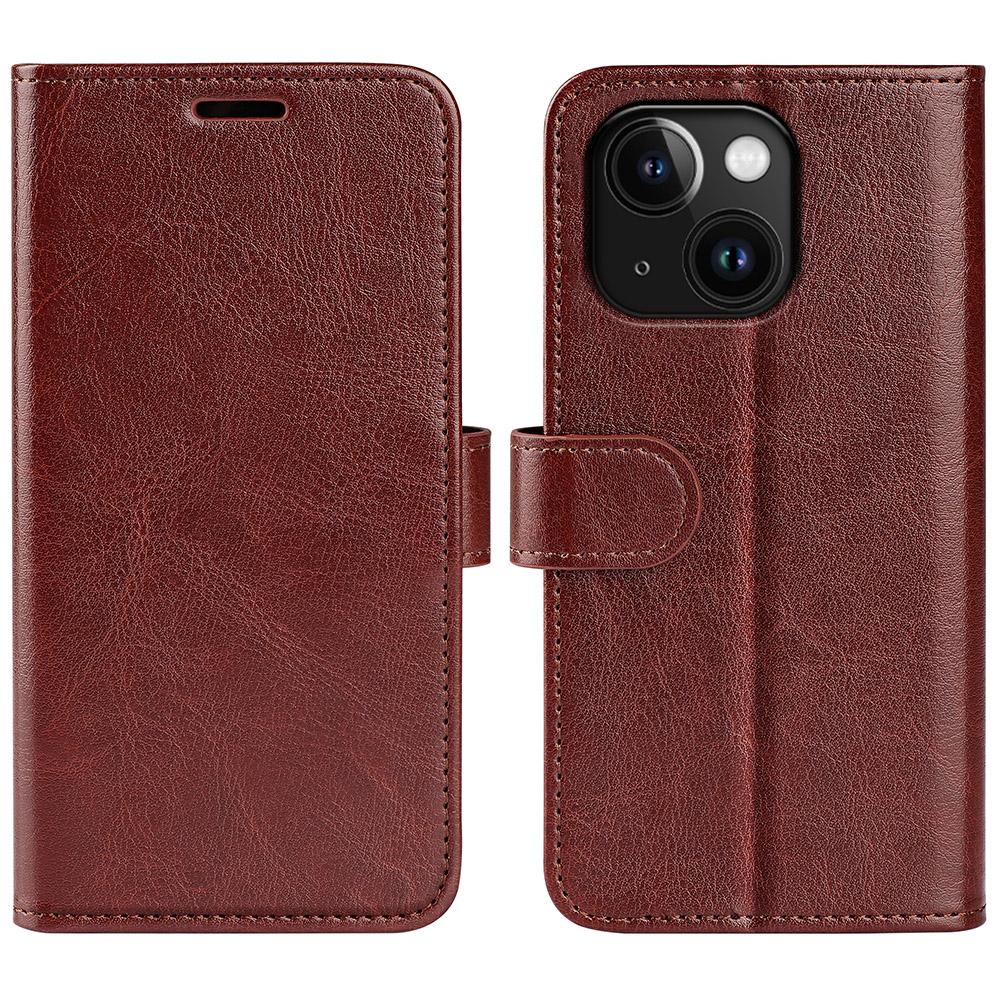 

For iPhone 15 PU Leather Stand Cover Crazy Horse Texture Wallet Flip Phone Case Shell Brown