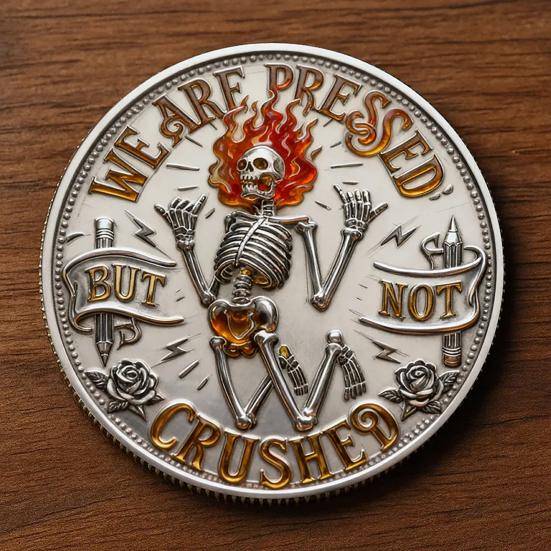 Skeleton Flame Challenge Coin Humorous Motivational Coin Positive Pocket Token for Women Men Colleagues Staff Coworkers