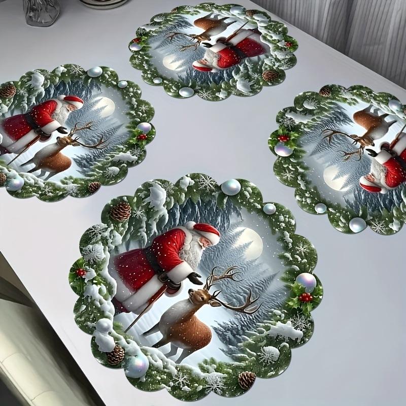 

4pcs Christmas Santa Claus & Reindeer Placemats Set - 2D Flat Print, Hand Wash Only, Festive Holiday Design with Snowflakes