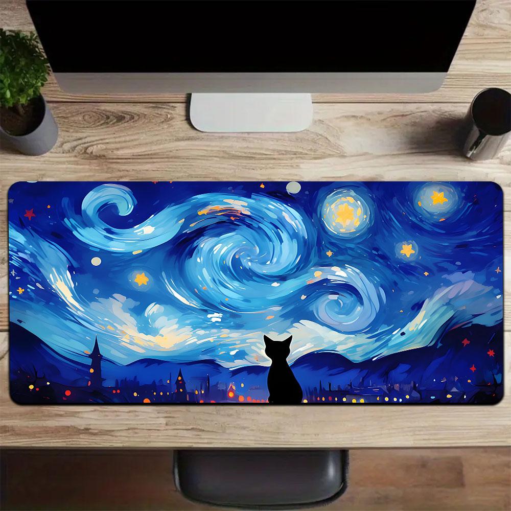 Sternenhimmel mit schwarzer Katze Großes Gaming-Mauspad Wasserdicht Rutschfest