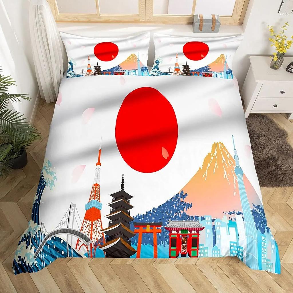 Japanese Style Bedding Set Traditional Kimono Motifs Comforter Cover Queen Size,Tokyo Duvet Cover Geisha Japan Asian Quilt Cover