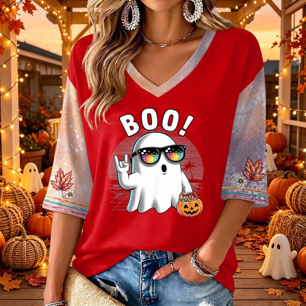 Women's Halloween Print V-Neck 3/4 Sleeve Casual Blouse Top