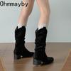 Winter Pleated Women Western Ankle Boots Fashion Pointed Toe Slip On Shoes Ladies Concise Vintage Thick Heel Short Booties