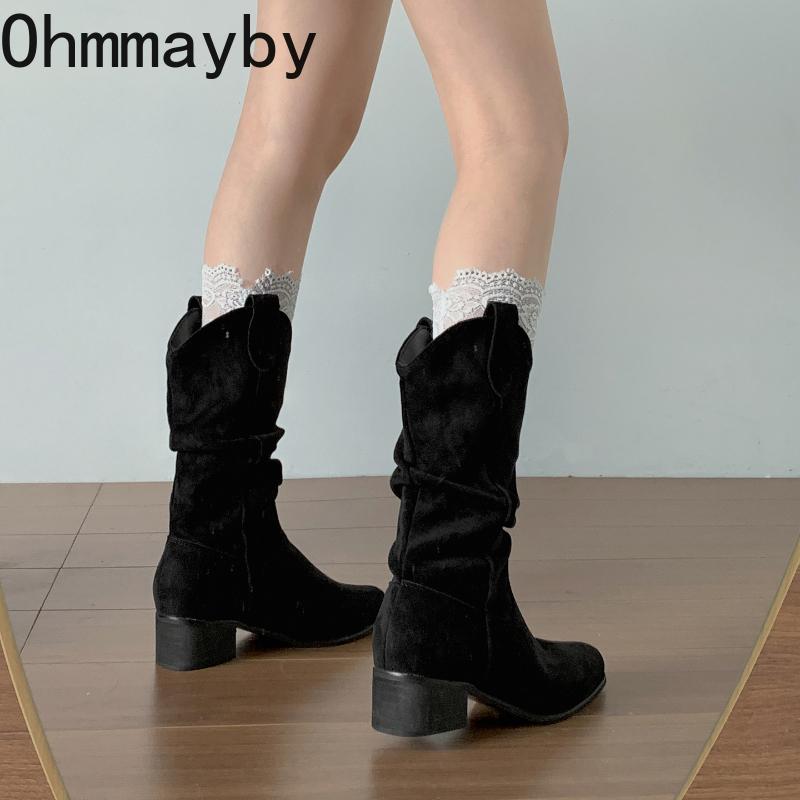 Winter Pleated Women Western Ankle Boots Fashion Pointed Toe Slip On Shoes Ladies Concise Vintage Thick Heel Short Booties