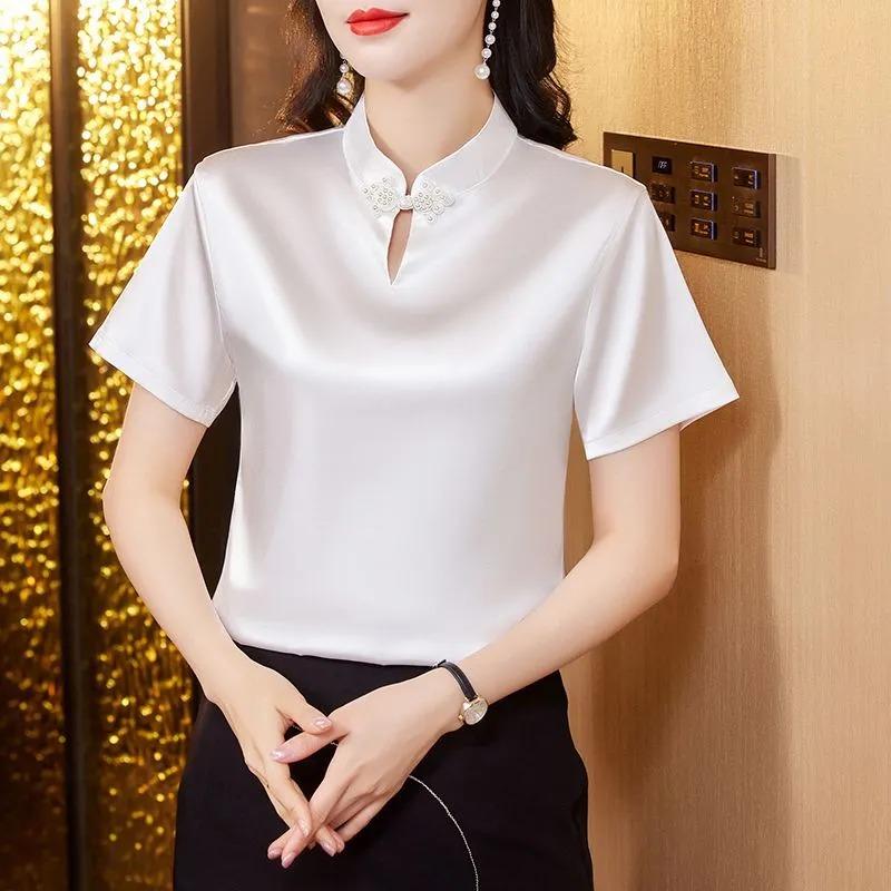 Women's White Satin Mandarin Collar Blouse Casual Short Sleeve Top with Pearl Decor