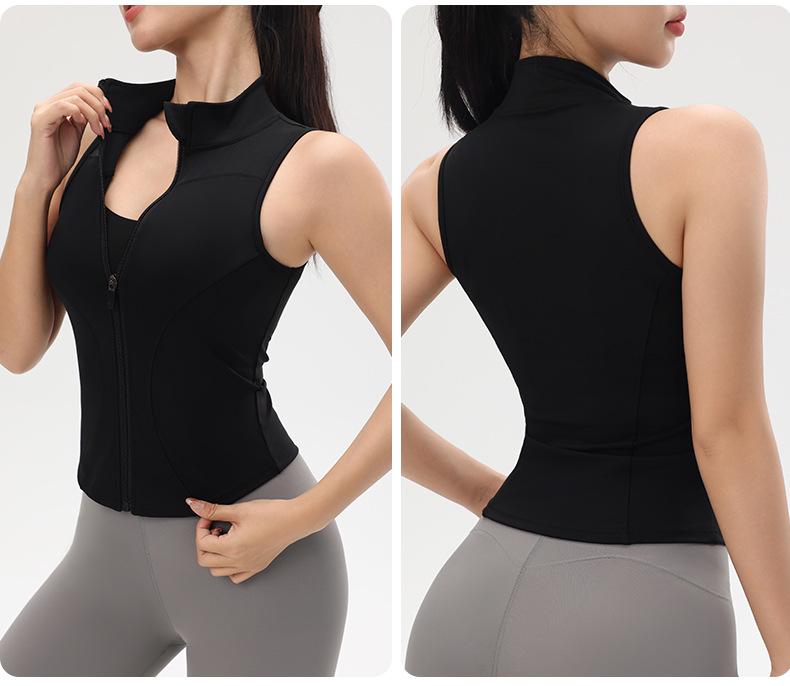 Dámský nahý top na jógu se zipem a ochranou proti nárazům - Zeštíhlující bez rukávů se stojáčkem pro letní venkovní sporty.