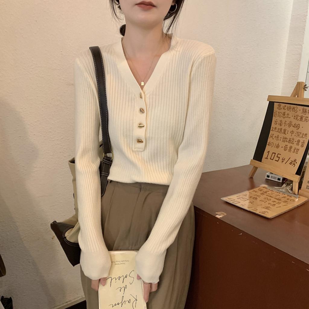 Spring and Autumn Unique Fashion Slimming V-neck Top Sweater Knitted Bottom Shirt for Women