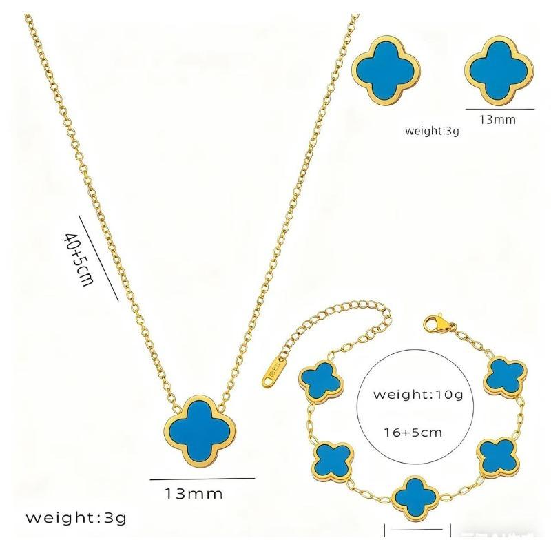 4PCS 13MM Double-Sided Smooth Mother-of-Pearl Four-Leaf Clover Set, Necklace, Bracelet, Earrings And Ring Set, Versatile Jewelry for Women