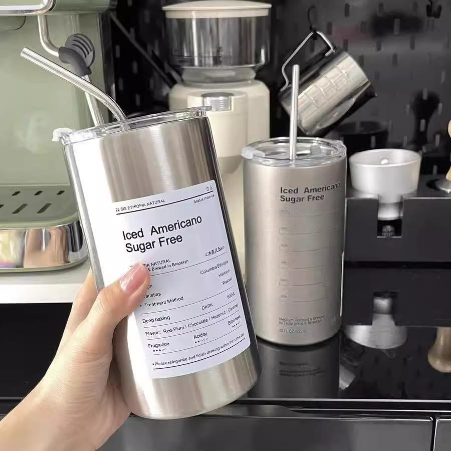 Neue Kaffeetasse Thermos Edelstahl doppelwandig Kühlbecher mit Strohhalm Eis Amerikanische Kaffeetasse Wasserflasche Tragbarer wiederverwendbarer Becher