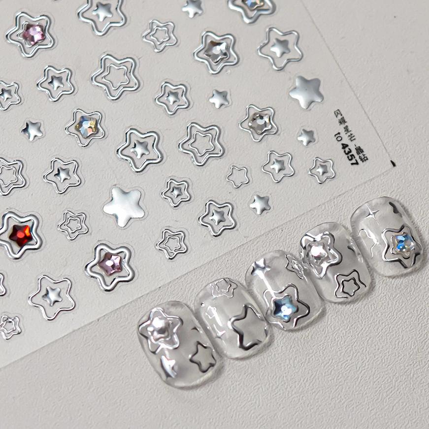 Colored Crystal Star Love Shiny Silver Hollowed Smudging Rainbow Flower Jelly Embossed Nail Art Stickers Manicure Decals