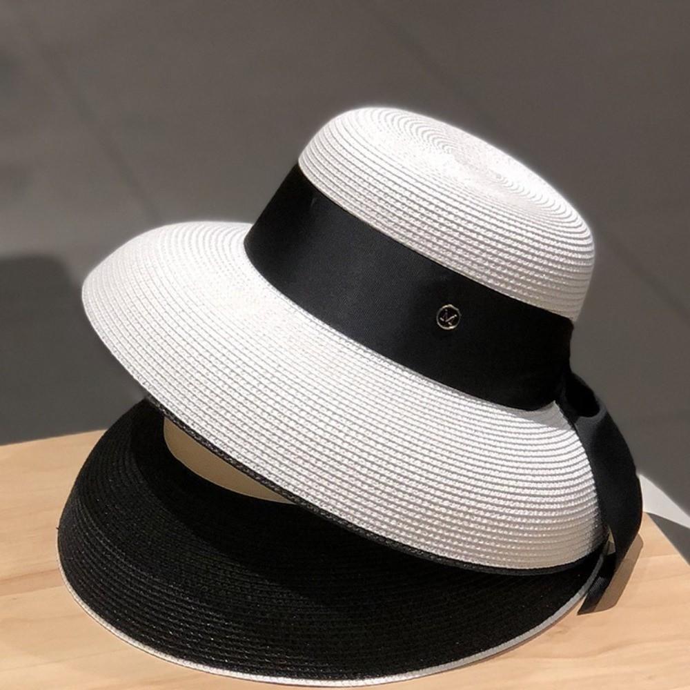 Strohhut mit Schleife Seidenband Sommer-Sonnenkappe Elegante Strand-Eimerhut Reise