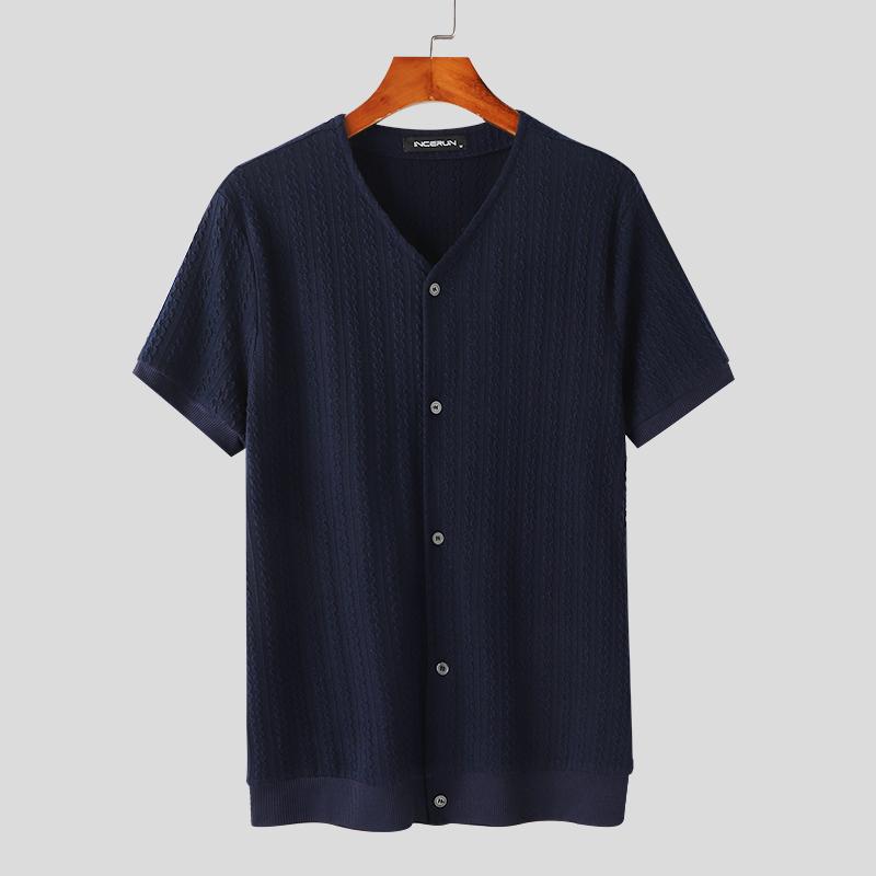 

INCERUN Мужские топы с коротким рукавом и круглым вырезом, вязаные, на пуговицах, повседневные, приталенные футболки 2XL