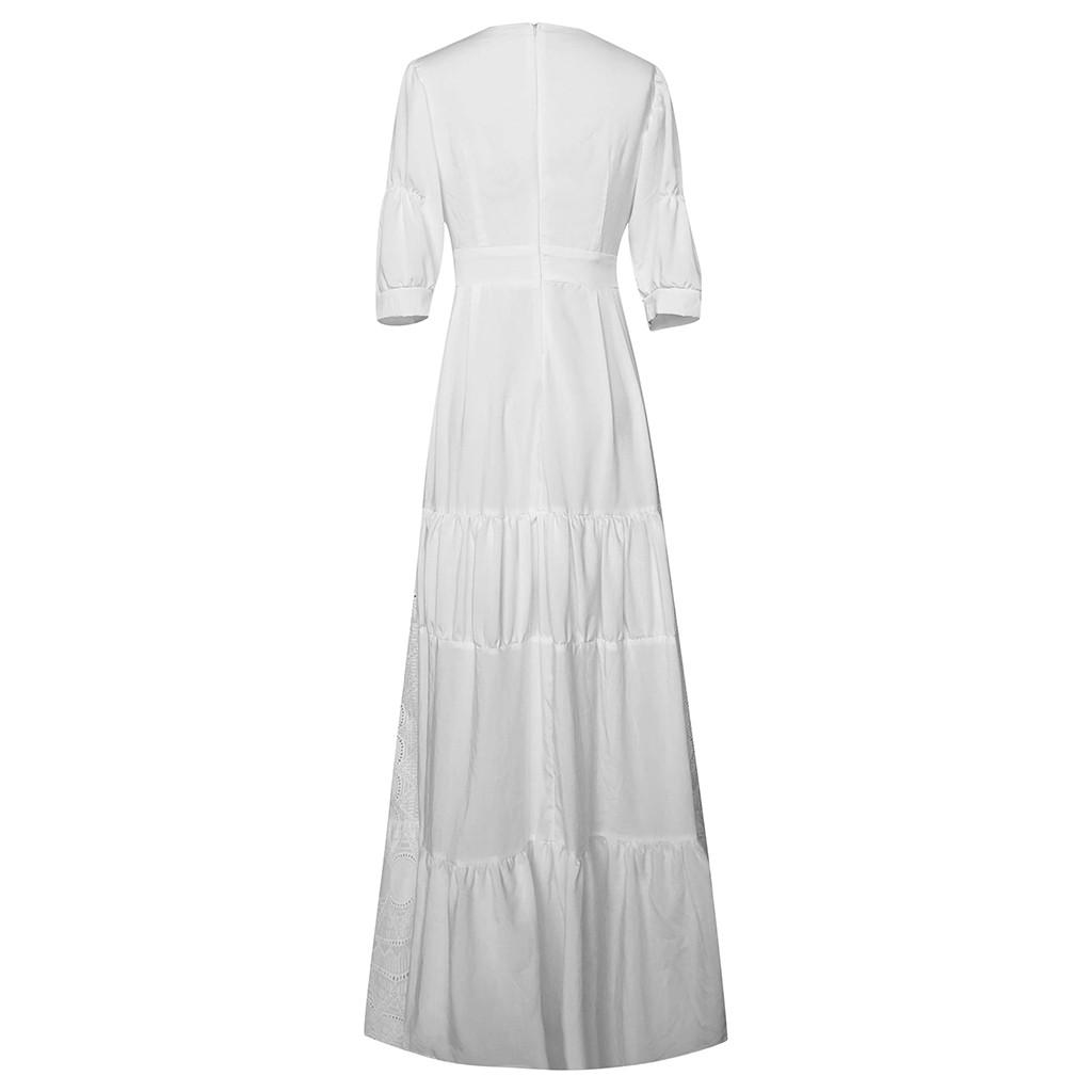 Boho Women Holiday Lace Hollow Out Sundress Puff-Sleeve Solid V-Neck Maxi Dress