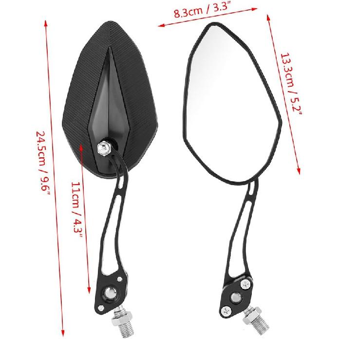 Pair of Motorcycle Mirrors, Black Aluminum Adjustable Stalk, Universal Mount for 8mm or 10mm Handlebar, for Scooters and Bikes