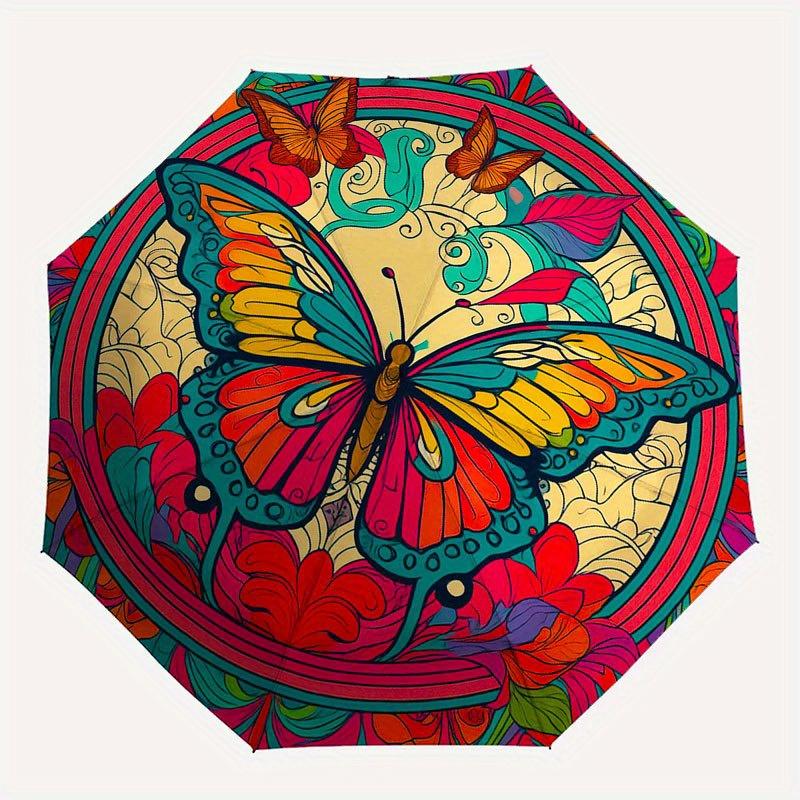 Colorful Butterfly Mandala Wall Art Decor Umbrella, Cute Umbrella with Cute Design, Portable 3-Fold Compact Umbrella for Men & Women, Valentine's Day