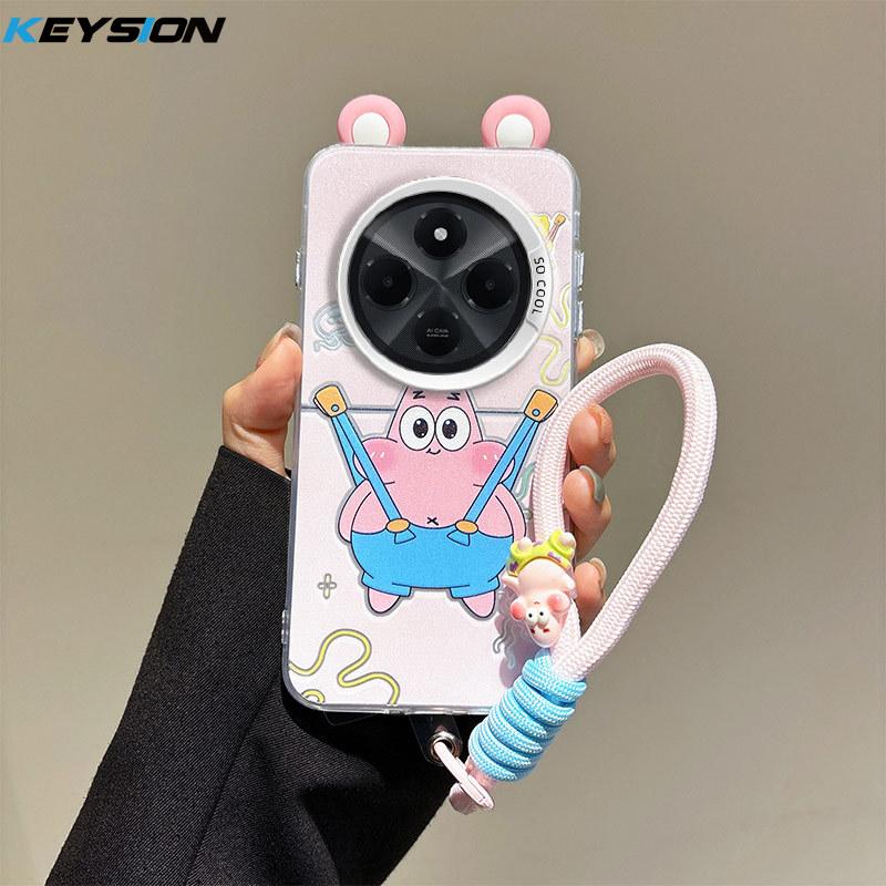 KEYSION Cute Ear Cartoon Case for Redmi 14C with Lanyard Soft Silicone+PC Shockproof Phone Back Cover for Xiaomi POCO C75