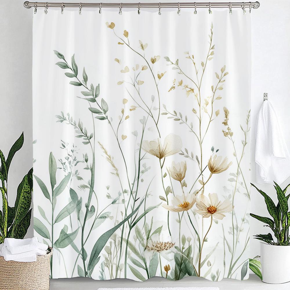 Watercolor Botanical Floral Leaf Shower Curtain, Floral Bathroom Decorative Shower Curtain, Print Fabric Home Curtain with Hooks