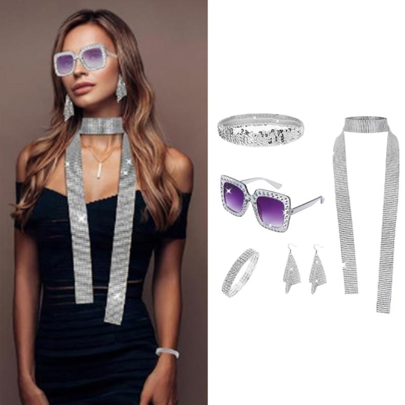5Pcs 1970s Disco Costume Accessories, Bling Sunglasses Earrings Long Scarf Headband Bracelet 70s Disco Fancy Dress Kits