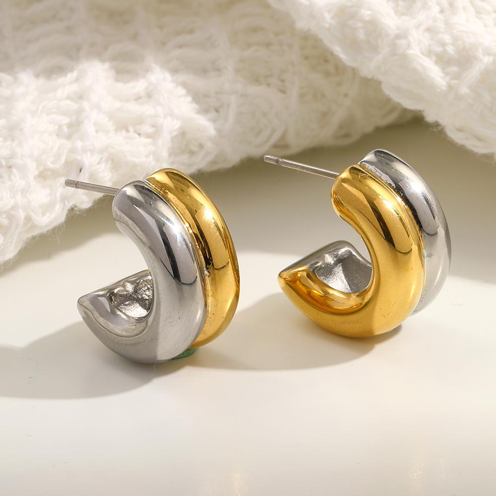 MamacitaSlay Unique Stainless Steel Two Color C-shaped Stud Earrings Party Trendy Waterproof Jewelry Women's Minimalist Gift