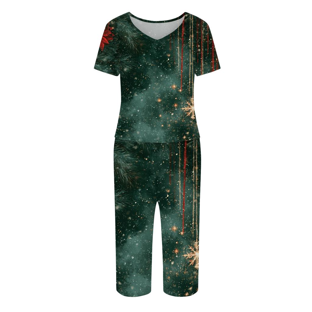 Women's Casual Christmas Print Two-Piece Outfit with Short Sleeve Top and Pants