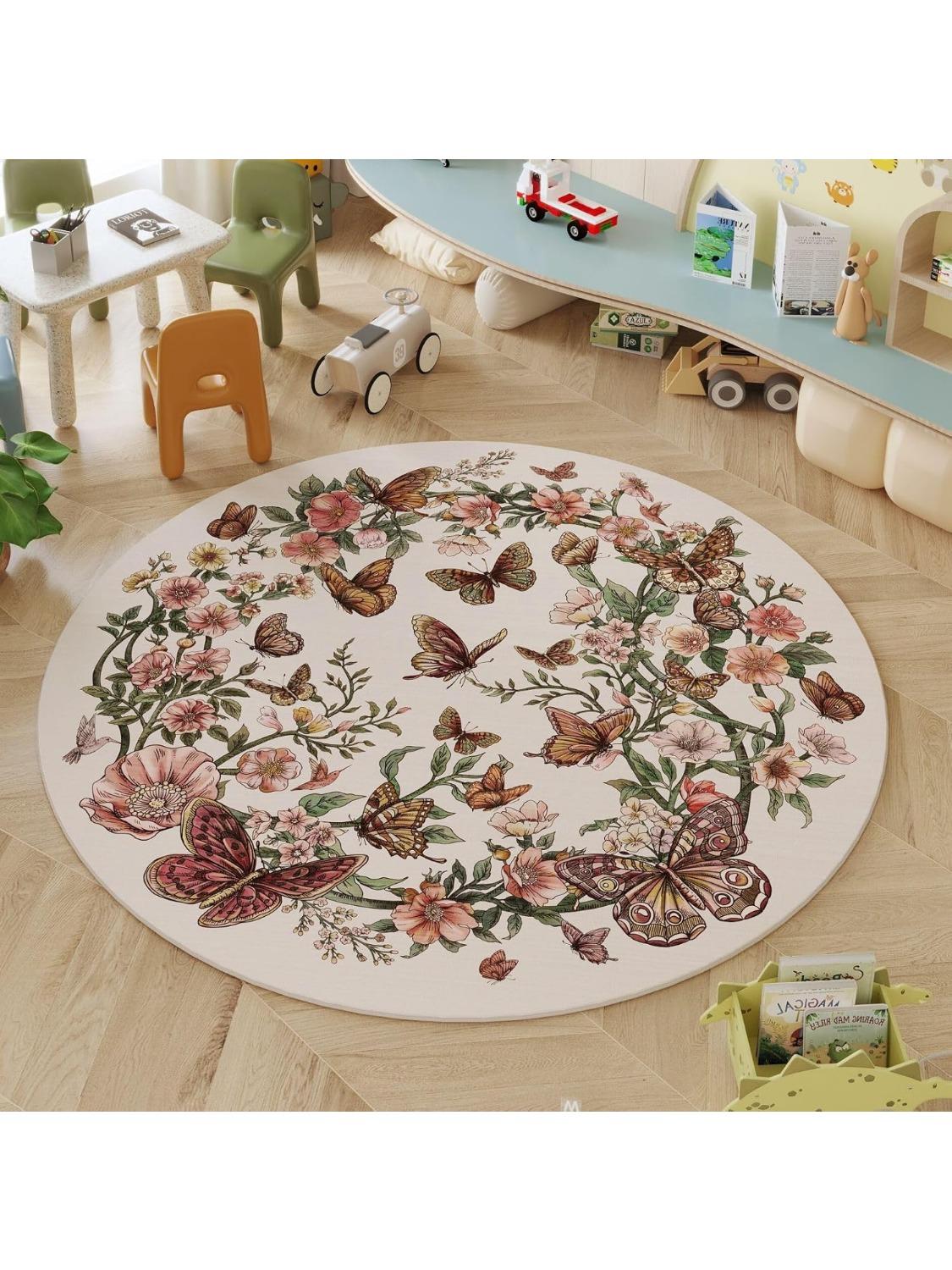 

Round Rug Washable Circle Rug Non Slip Low Pile Boho Floral Butterfly Small Circular Rug for Bedroom Bathroom Entryway Kids Room 100cm