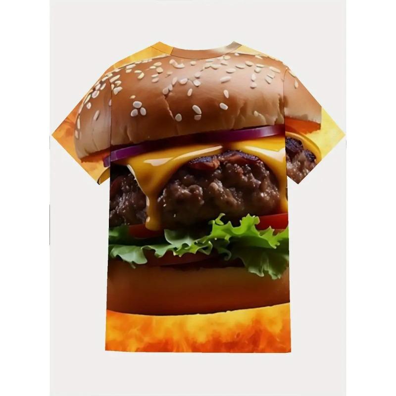 Large Men's French Fries Hamburger Pattern 3D Printed Men's Round Neck Short Sleeved T-shirt Summer Fashion T-shirt Casual Comfortable Versatile Top