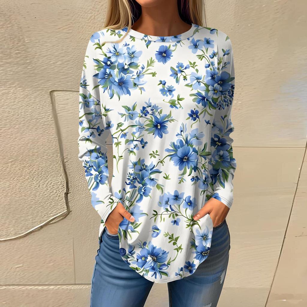 Women's Fashion Casual Round Neck Floral Long Sleeve T-shirt Pullover Long Sleeve Top