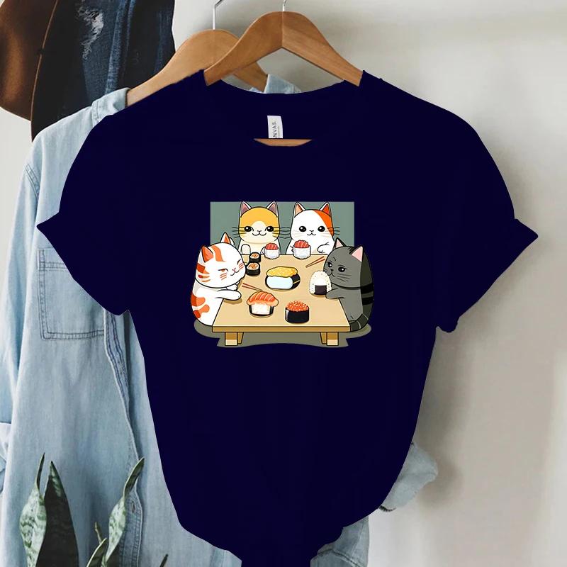 Cat Party Kawaii T Shirt Women Summer Tops Sushi Graphic T Shirts Casual Fashion Tee Shirt Trendy Korean Streetwear Y2k Tees