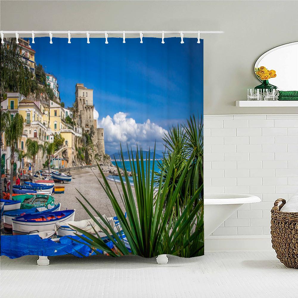 Flowers Scenery Waterproof Shower Curtains Rural Street Flowers Bathroom Curtains Polyester Fabric Washable Decor Bath Curtains